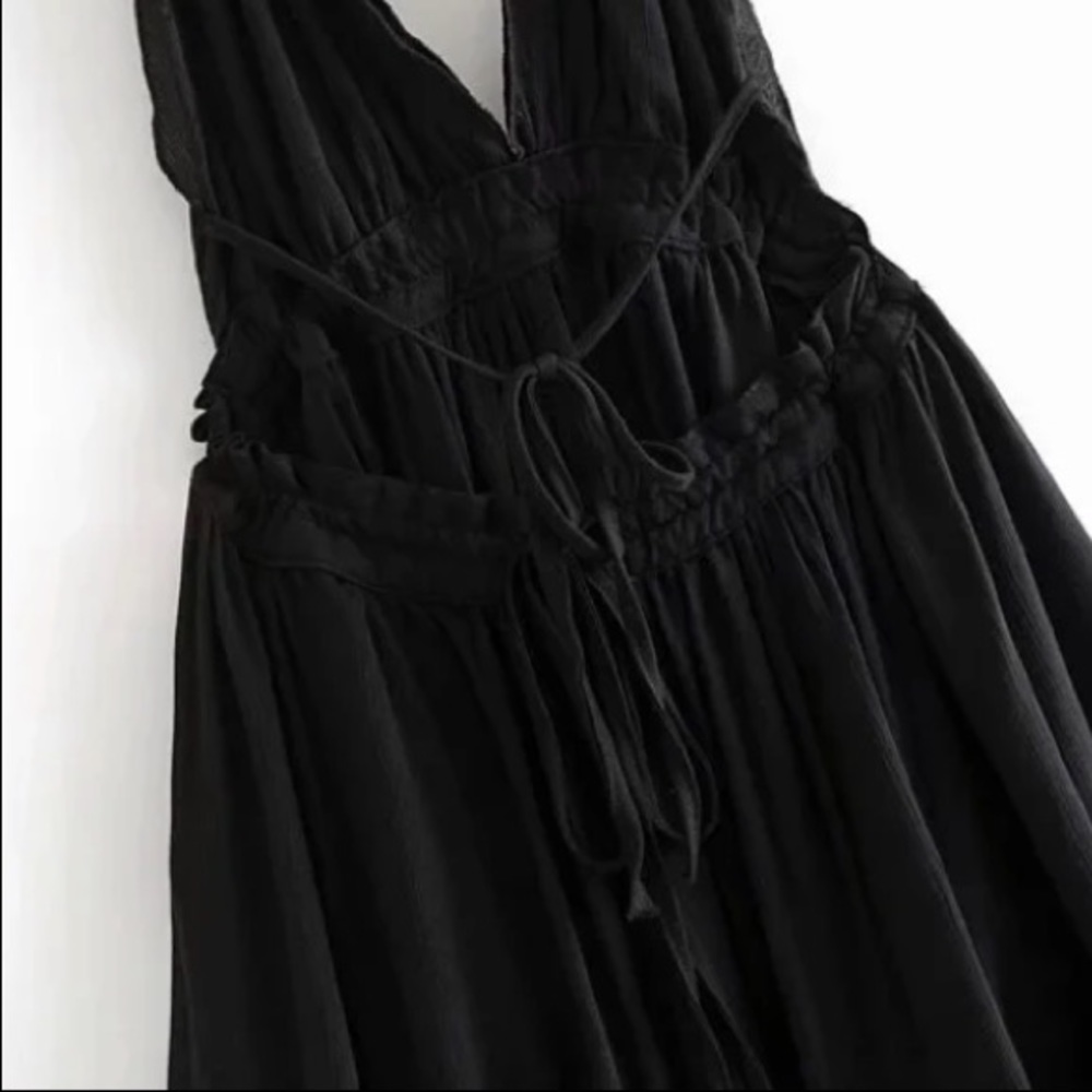 Black Boho Mesh Polka Dot Halter Mini Dress - Picture 5 of 6